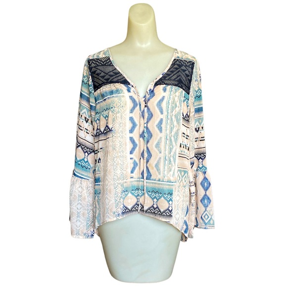 Socialite Boho Aztec Sheer High/Low Top Size Medium - Picture 2 of 5